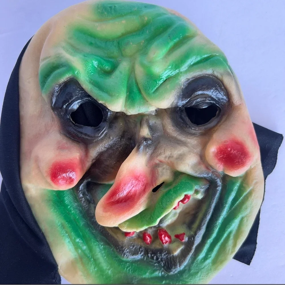 Vintage Halloween Witch Rubber Mask Green/Red Nose and Teeth with Hood